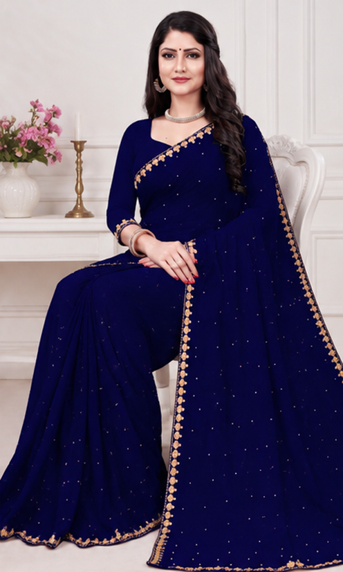 Elegant Navy Blue Embellished Designer Saree with Matching Blouse Piece