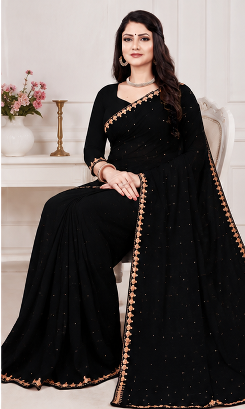 Elegant Black Embellished Party Wear Saree with Matching Blouse Piece