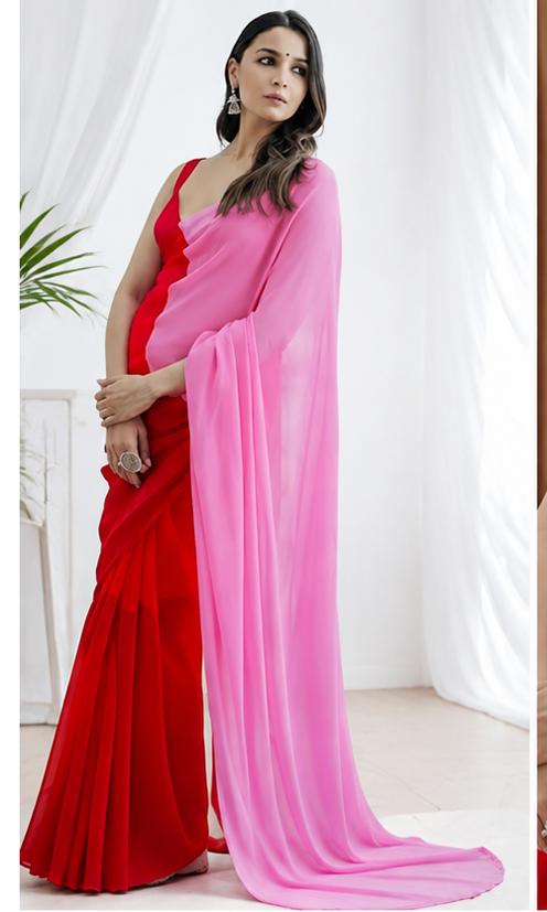 Elegant Georgette Colourblock Saree with Matching Blouse Piece – Soft, Lightweight & Party Wear (Red & Pink, 6.3 m)