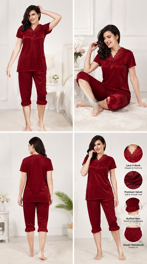Women’s ComfortFit Maroon Night Suit – Soft, Relaxing & Stylish Sleepwear Set