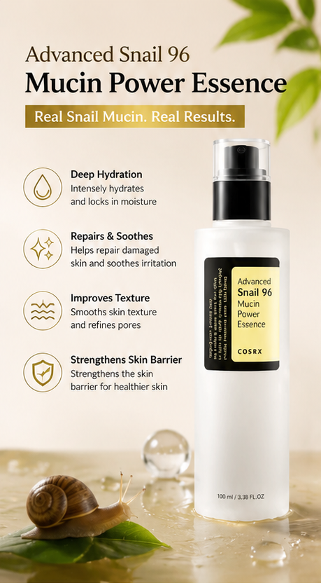 96% Snail Mucin Hydrating & Skin Repair Essence – Deep Moisture & Glass Skin Formula (100 ml × 2)