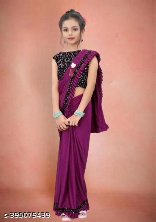 Princess Grace Girls’ Designer Lycra Saree (Purple)