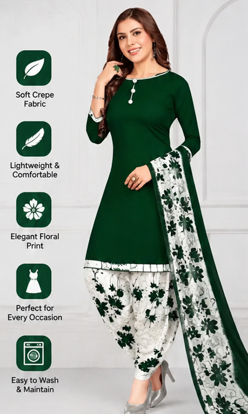 Elegant Floral Crepe Kurta & Printed Patiala Dress Material Set for Women – White & Green