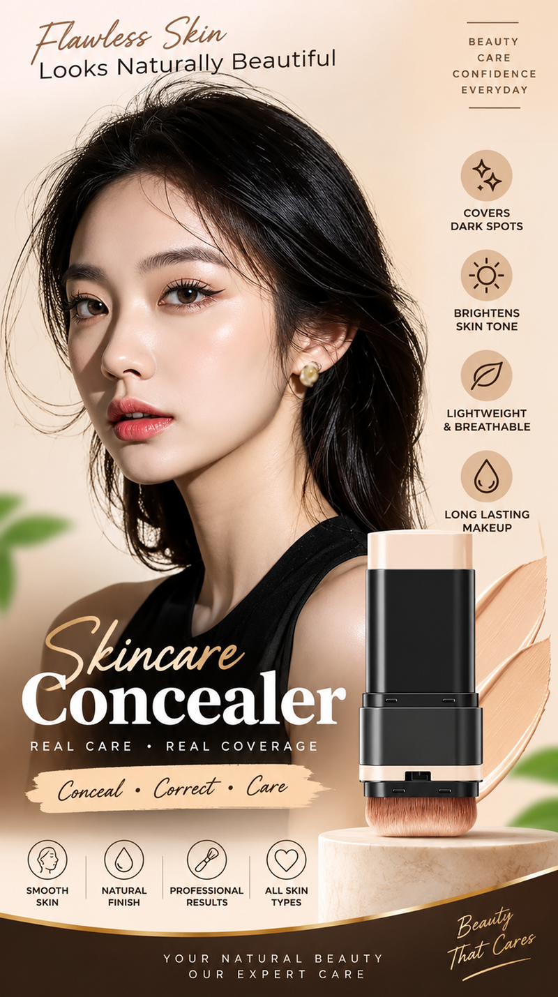 Korean 2 in 1 Glass Skin Foundation Stick with Built-in Brush | Waterproof Long Lasting Full Coverage Makeup