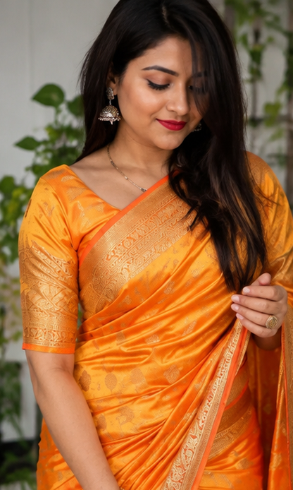 Luxury Banarasi Silk Weave Saree with Rich Gold Zari Border & Blouse Piece – Festive & Wedding Collection (6.3M)