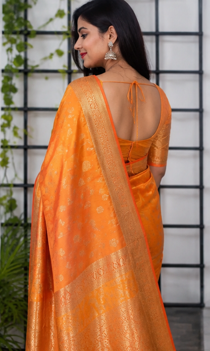 Luxury Banarasi Silk Weave Saree with Rich Gold Zari Border & Blouse Piece – Festive & Wedding Collection (6.3M)
