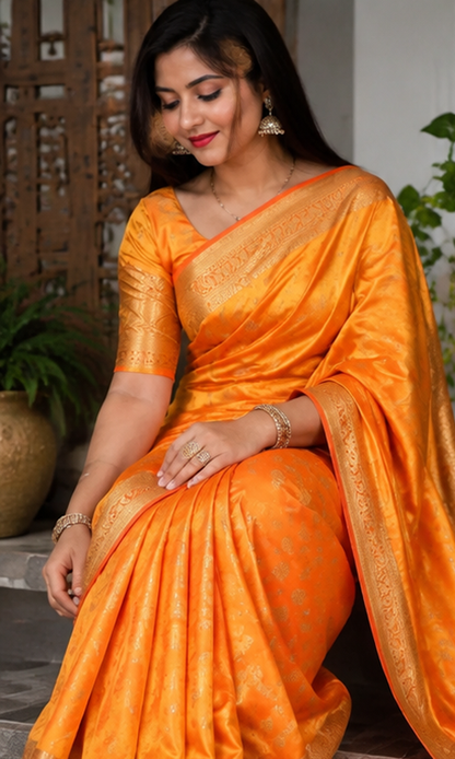 Luxury Banarasi Silk Weave Saree with Rich Gold Zari Border & Blouse Piece – Festive & Wedding Collection (6.3M)