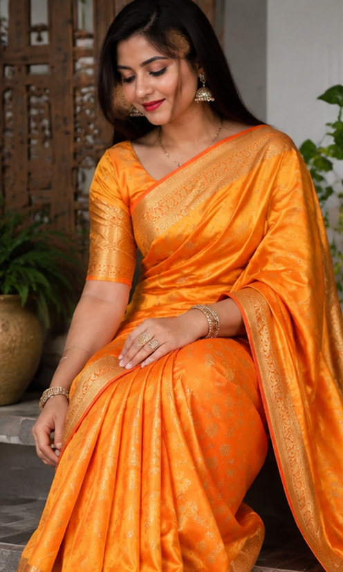 Luxury Banarasi Silk Weave Saree with Rich Gold Zari Border & Blouse Piece – Festive & Wedding Collection (6.3M)