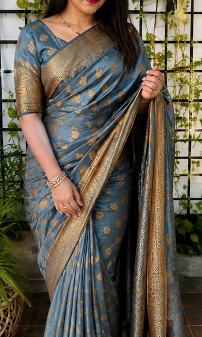 Luxury Banarasi Silk Weave Saree with Rich Gold Zari Border & Blouse Piece – Festive & Wedding Collection (6.3M)
