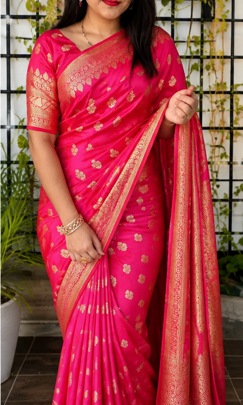 Luxury Banarasi Silk Weave Saree with Rich Gold Zari Border & Blouse Piece – Festive & Wedding Collection (6.3M)