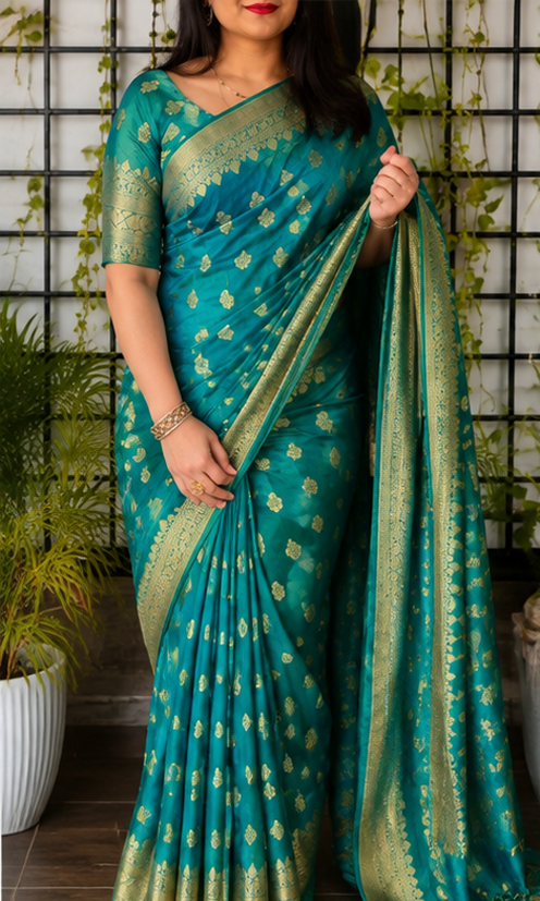 Luxury Banarasi Silk Weave Saree with Rich Gold Zari Border & Blouse Piece – Festive & Wedding Collection (6.3M)