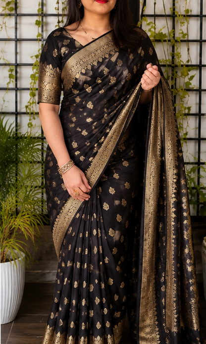 Luxury Banarasi Silk Weave Saree with Rich Gold Zari Border & Blouse Piece – Festive & Wedding Collection (6.3M)