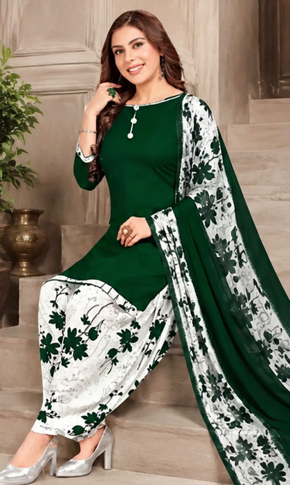 Elegant Floral Crepe Kurta & Printed Patiala Dress Material Set for Women – White & Green