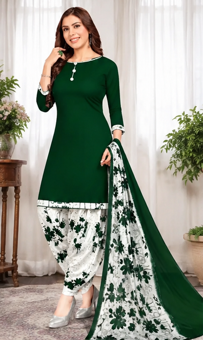 Elegant Floral Crepe Kurta & Printed Patiala Dress Material Set for Women – White & Green