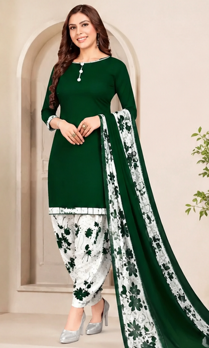 Elegant Floral Crepe Kurta & Printed Patiala Dress Material Set for Women – White & Green