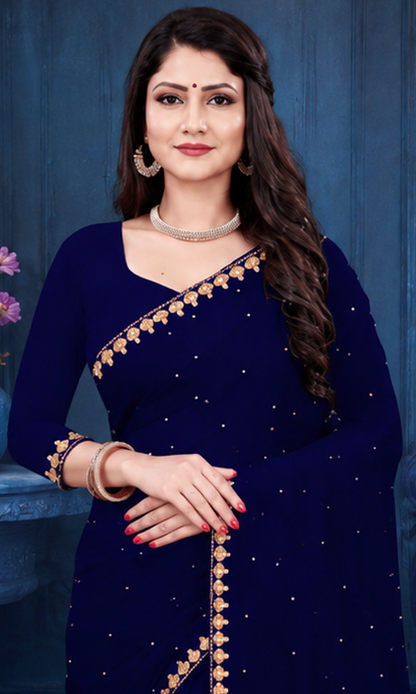 Elegant Navy Blue Embellished Designer Saree with Matching Blouse Piece