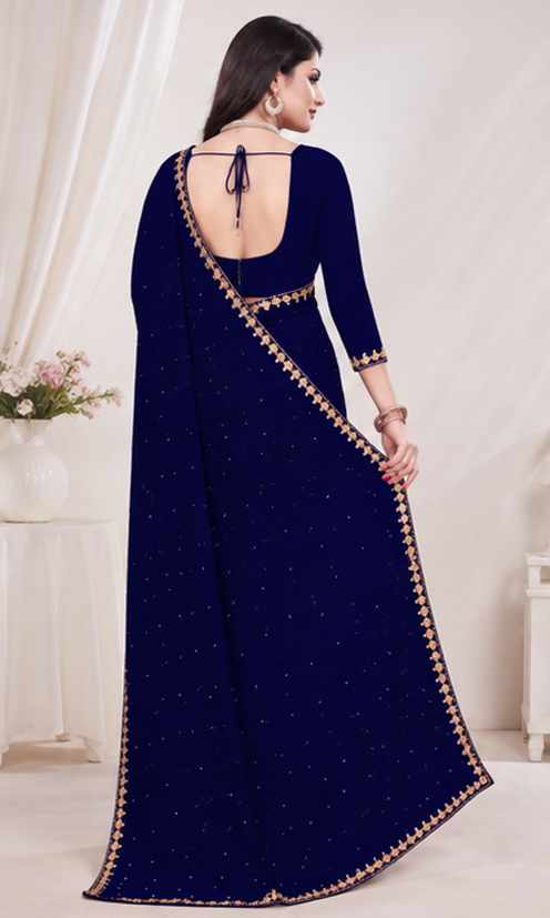 Elegant Navy Blue Embellished Designer Saree with Matching Blouse Piece