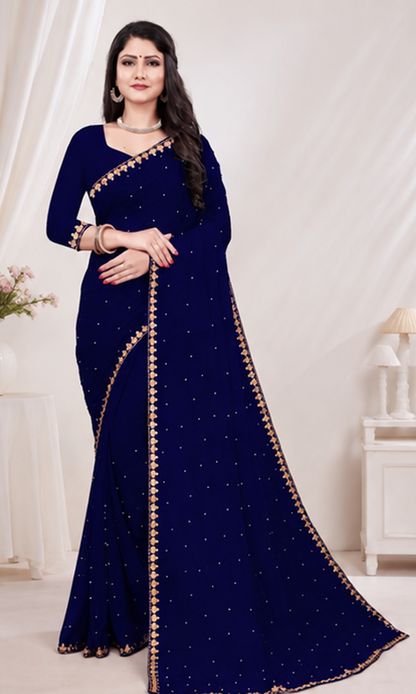 Elegant Navy Blue Embellished Designer Saree with Matching Blouse Piece