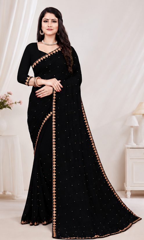 Elegant Black Embellished Party Wear Saree with Matching Blouse Piece