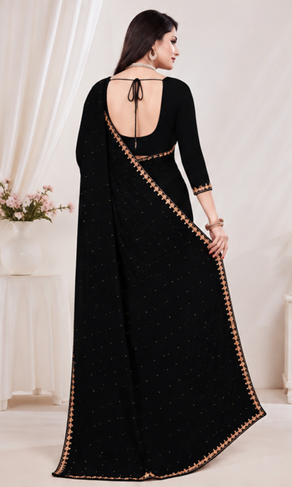 Elegant Black Embellished Party Wear Saree with Matching Blouse Piece
