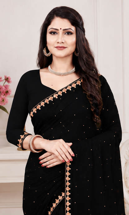 Elegant Black Embellished Party Wear Saree with Matching Blouse Piece