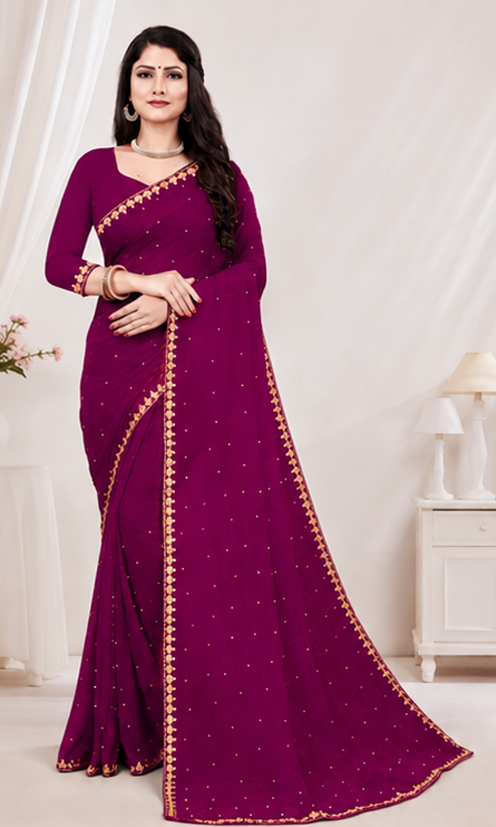 Elegant Purple Embroidered Party Wear Saree with Matching Blouse Piece