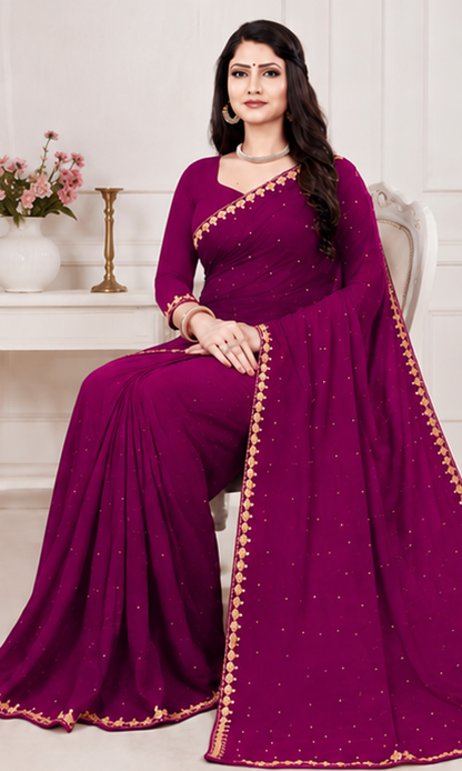 Elegant Purple Embroidered Party Wear Saree with Matching Blouse Piece