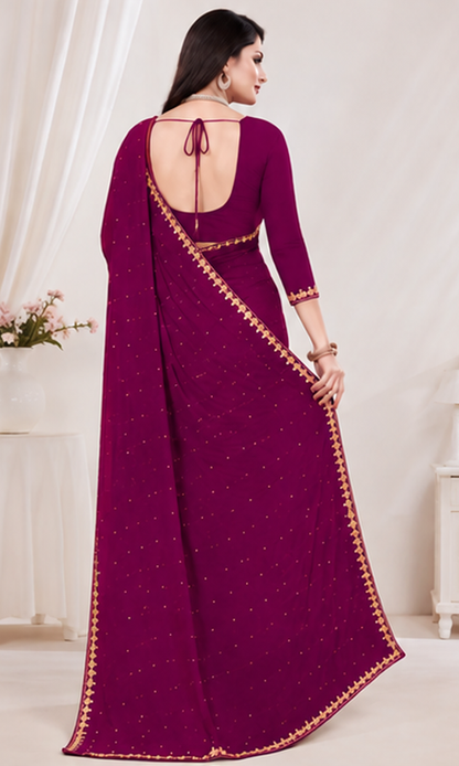 Elegant Purple Embroidered Party Wear Saree with Matching Blouse Piece