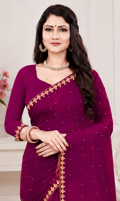 Elegant Purple Embroidered Party Wear Saree with Matching Blouse Piece