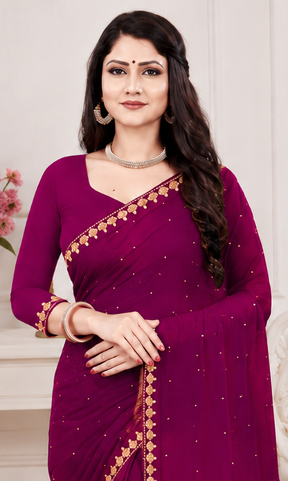 Elegant Purple Embroidered Party Wear Saree with Matching Blouse Piece
