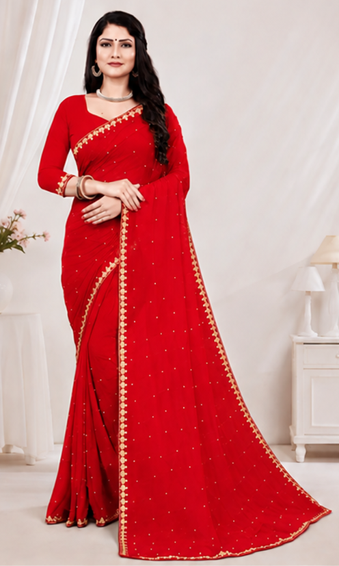 Elegant Red Embroidered Party Wear Saree with Matching Blouse Piece