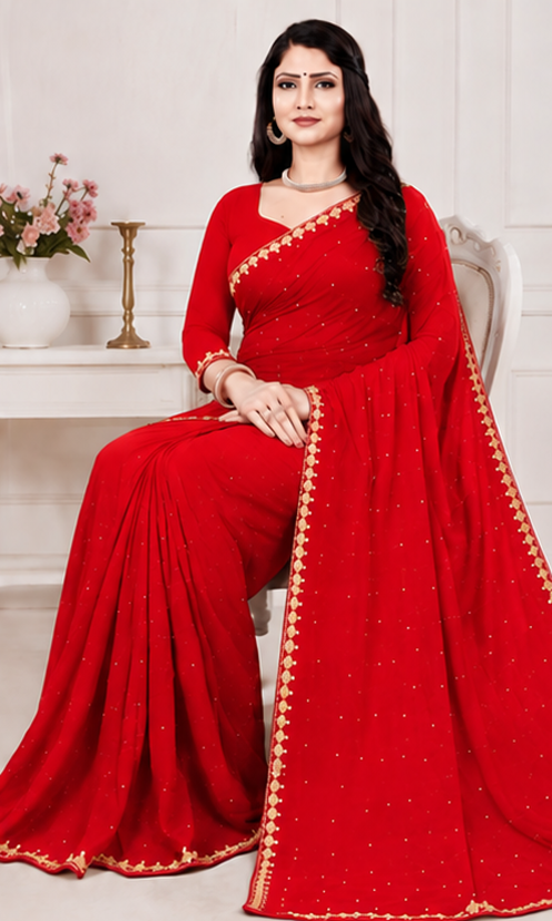 Elegant Red Embroidered Party Wear Saree with Matching Blouse Piece