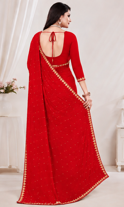 Elegant Red Embroidered Party Wear Saree with Matching Blouse Piece