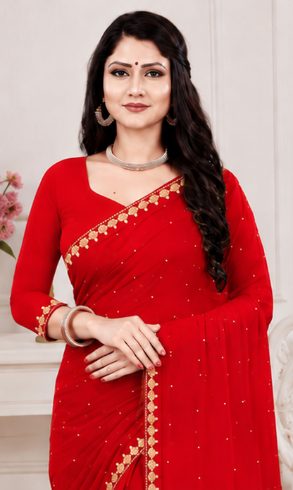 Elegant Red Embroidered Party Wear Saree with Matching Blouse Piece