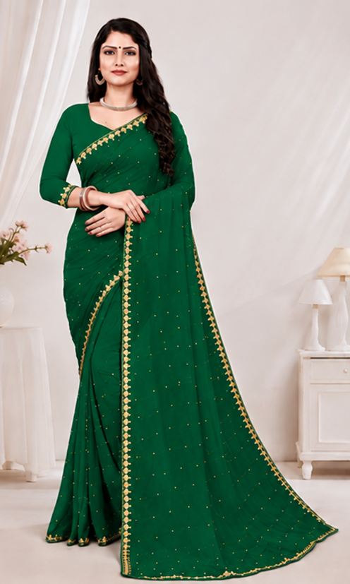 Elegant Green Embroidered Party Wear Saree with Matching Blouse Piece
