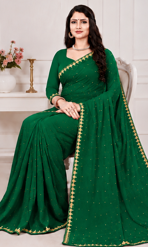 Elegant Green Embroidered Party Wear Saree with Matching Blouse Piece