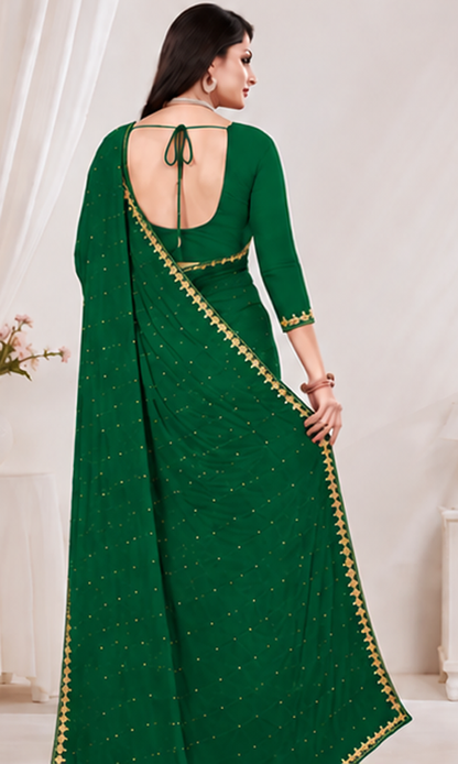 Elegant Green Embroidered Party Wear Saree with Matching Blouse Piece