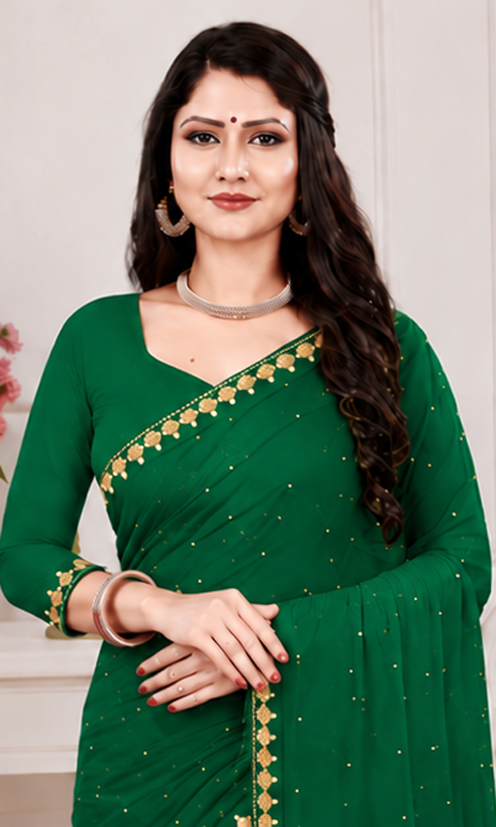 Elegant Green Embroidered Party Wear Saree with Matching Blouse Piece