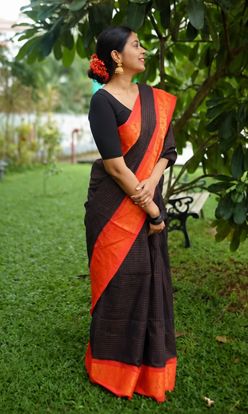 Elegant Banarasi Silk Zari Woven Saree for Women with Matching Blouse Piece – Premium Festive & Traditional Wear (Orange & Black, 6.3 m)