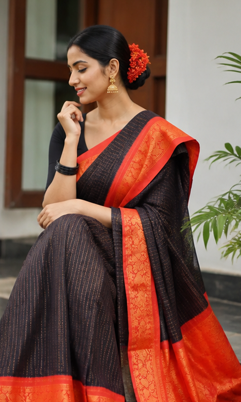 Elegant Banarasi Silk Zari Woven Saree for Women with Matching Blouse Piece – Premium Festive & Traditional Wear (Orange & Black, 6.3 m)