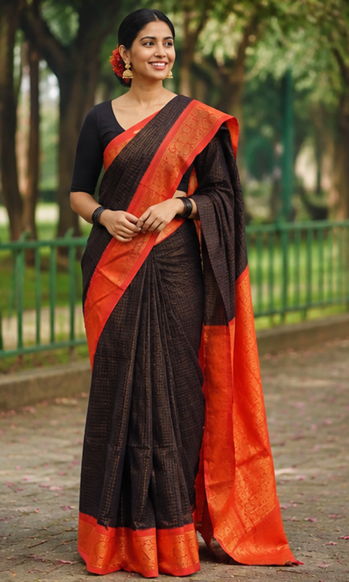 Elegant Banarasi Silk Zari Woven Saree for Women with Matching Blouse Piece – Premium Festive & Traditional Wear (Orange & Black, 6.3 m)