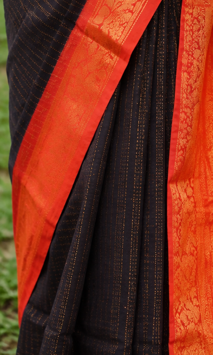 Elegant Banarasi Silk Zari Woven Saree for Women with Matching Blouse Piece – Premium Festive & Traditional Wear (Orange & Black, 6.3 m)