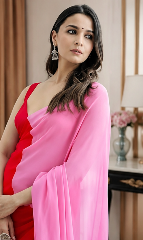 Elegant Georgette Colourblock Saree with Matching Blouse Piece – Soft, Lightweight & Party Wear (Red & Pink, 6.3 m)