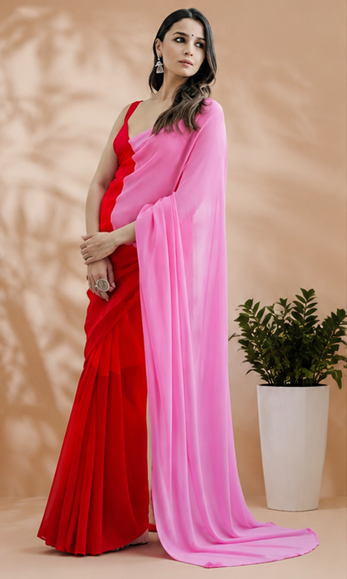 Elegant Georgette Colourblock Saree with Matching Blouse Piece – Soft, Lightweight & Party Wear (Red & Pink, 6.3 m)