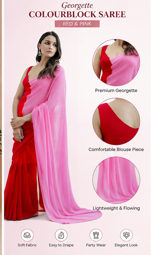 Elegant Georgette Colourblock Saree with Matching Blouse Piece – Soft, Lightweight & Party Wear (Red & Pink, 6.3 m)