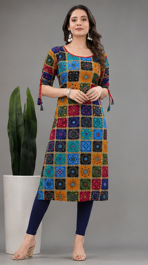 Rayon Printed Kurti for Women – Blue, Size M