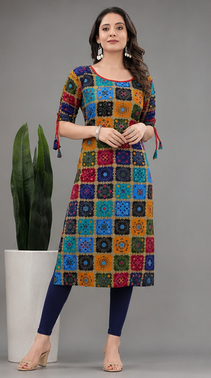Rayon Printed Kurti for Women – Blue, Size M