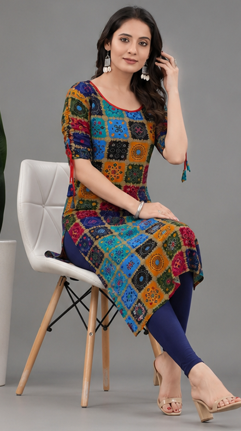 Rayon Printed Kurti for Women – Blue, Size M
