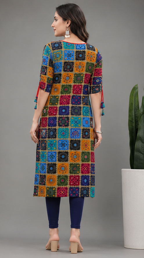 Rayon Printed Kurti for Women – Blue, Size M