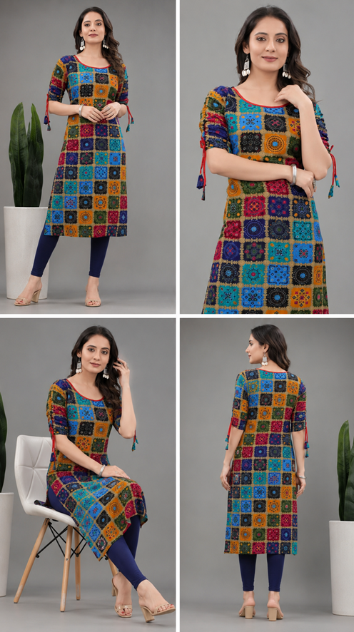 Rayon Printed Kurti for Women – Blue, Size M